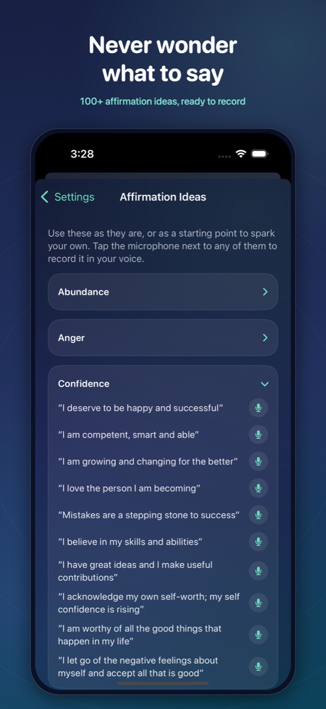 Never wonder what to say — 100+ affirmation ideas, ready to record