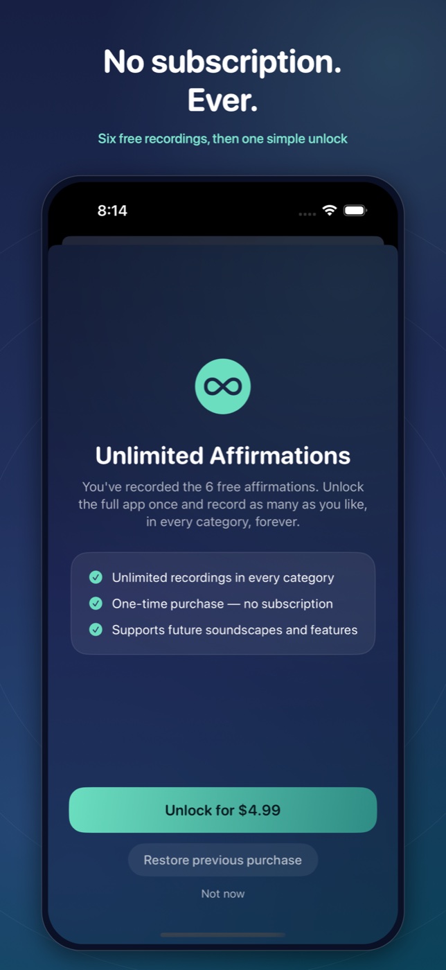 No subscription, ever — six free recordings, then one simple $4.99 unlock
