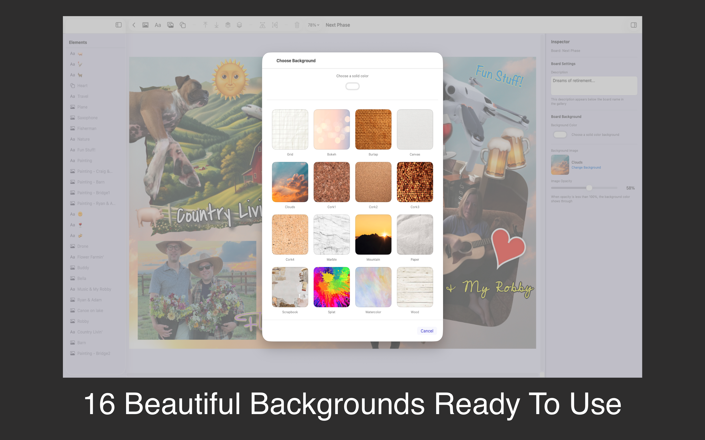 Choosing a background texture in Vision Boardz