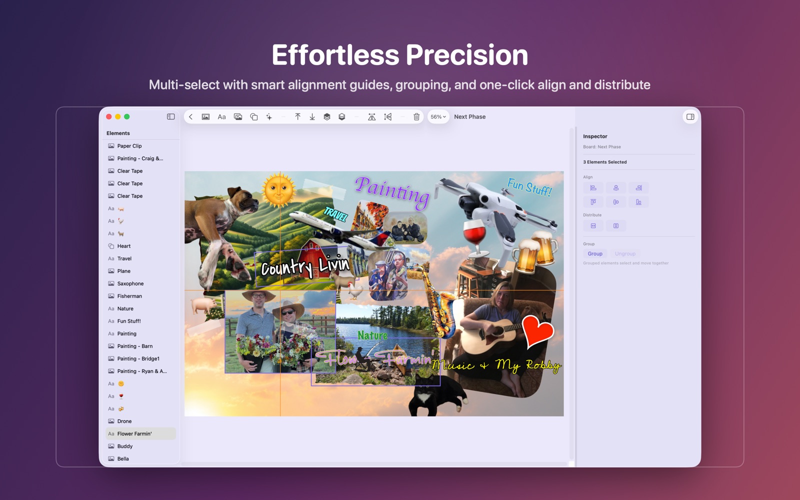 Effortless precision — multi-select with smart alignment guides